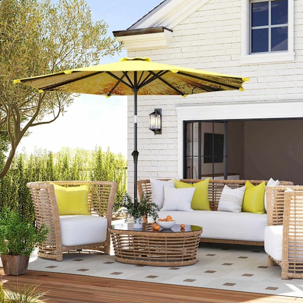 Parasol Ø300 cm, parasol med håndsving, mønster?ottekantet altanparasol, strandparasol, vindtæt, stabil markedsparaply, krankparasol, solafskærmning t