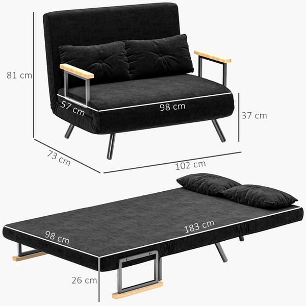 Konvertibel bäddsoffa i sammet, svart, inkluderar 2 kuddar