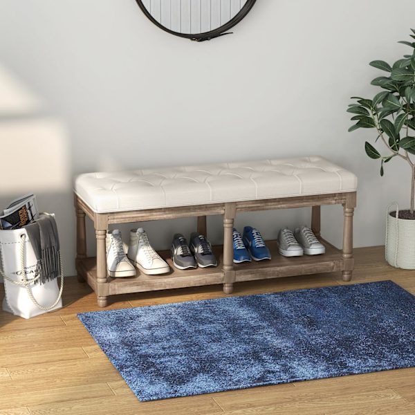 Skobænk Sæde Skostativ Opbevaringsplads Polstret Linnedlook Træben Stue Gang Creme 115X40X48Cm