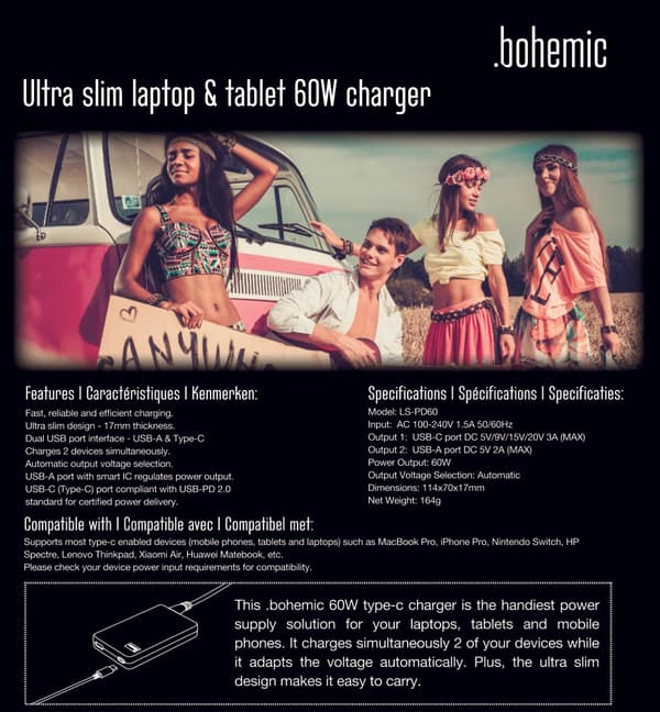Bohemic BOH7382: Ultratynd 60W oplader til bærbare computere og tablets