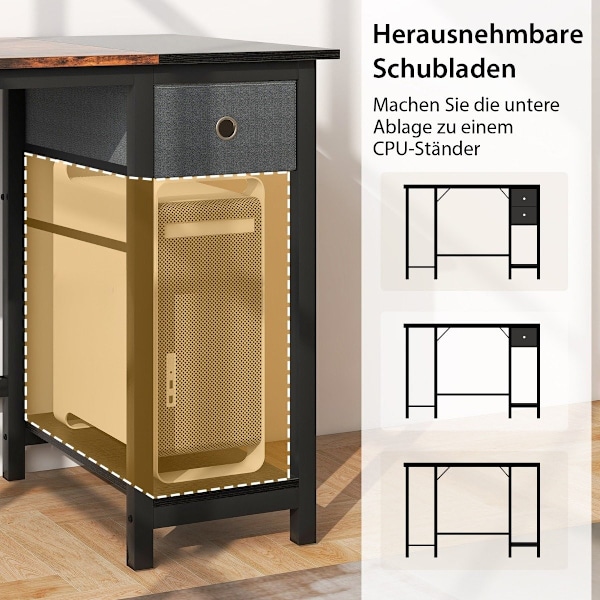 140 cm langt skrivebord med 2 skuffer & høretelefonkrog & opbevaringsrum computerbord