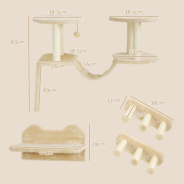 Kattklätterväggsset, 3-delad kattmöbel med skrapstolpe, sittpinnar, stege, trappsteg, skrapbräda, för katter upp till 5 kg, sisal, beige