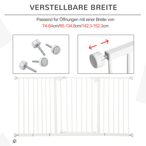 Dörr Säkerhetsgrind Hundspärr Husdjur 74-147,5Cm Hundgrind 3 Förlängningar Trappport Ingen Borrning Metall Vit