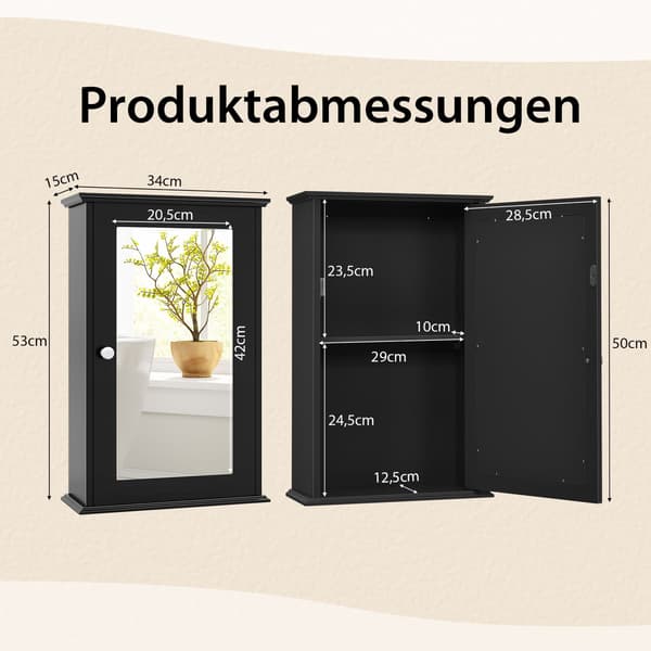 Badeværelsesskab med spejl, justerbar hylde, sort