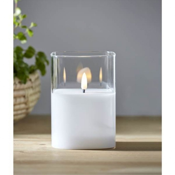 LED BLOK LYSFLAMME i klart glas / 12,5 cm / Batteri / Timer