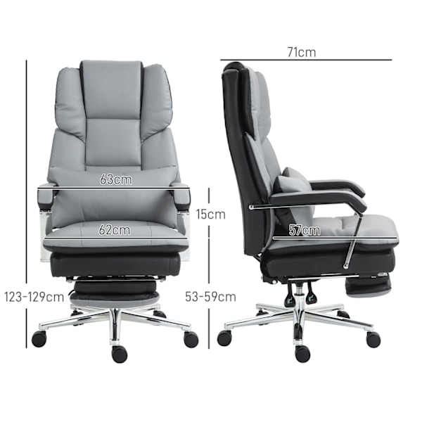 Kontorstol med vippefunktion, bæreevne 180 kg, ergonomisk, 160° vippelig ryglæn, imiteret læder, 63W x 71D x 123-129H cm, lysegrå