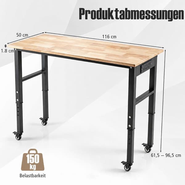 Højdejusterbart mobilt arbejdsbord med gummitræsplade