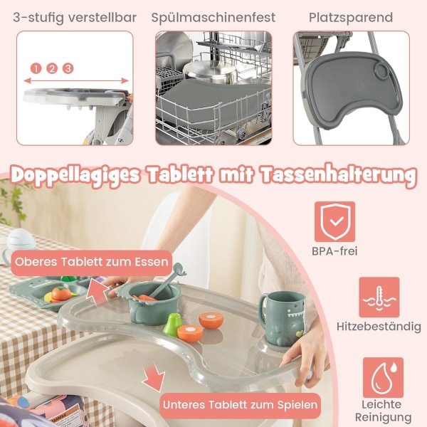 6 i 1 konvertibel barnstol med fällbara funktioner &amp; Dubbelbricka hopfällbara barnstolsblommor