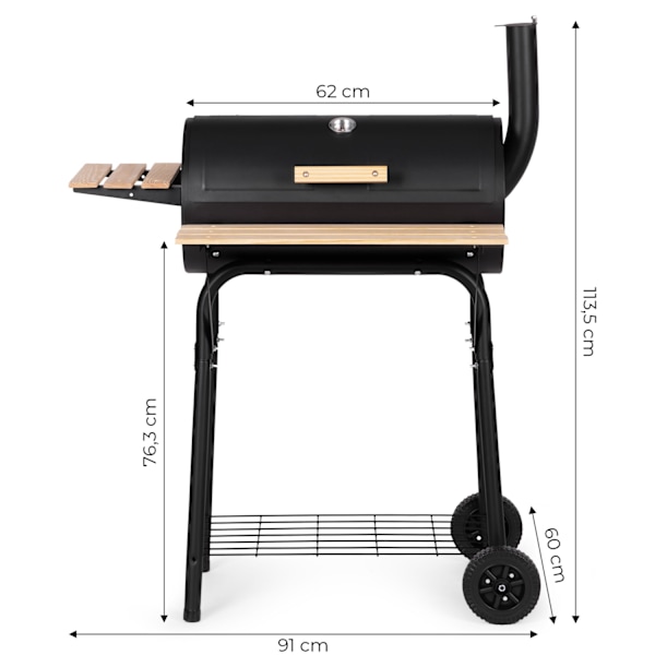 Stor havegrill med termometer, skorsten, 3 hylder, hjul, MultiGarden