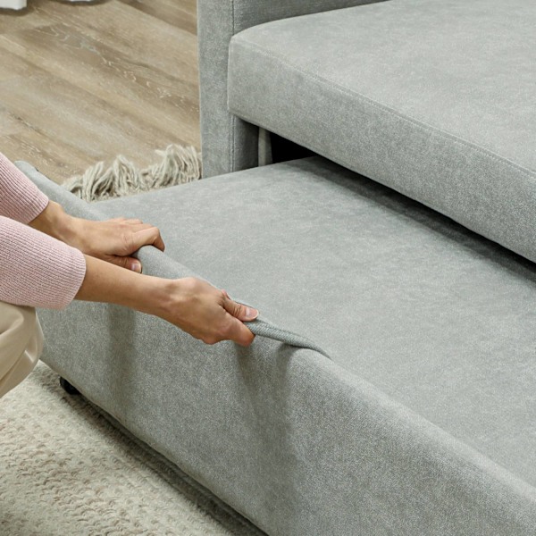 Bäddsoffa, 2-sits soffa med sovfunktion, justerbart ryggstöd, soffa med kuddar, sammetslook, bäddsoffa med bäddbox för vardagsrum, gästrum, ljusgrå