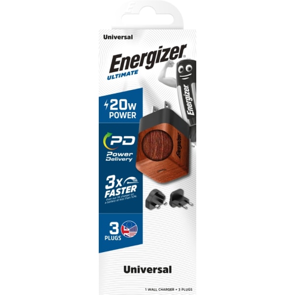 Energizer Ultimate - Multiplug EU / UK / US GaN 20W PD nätladdare (valnötsburl)