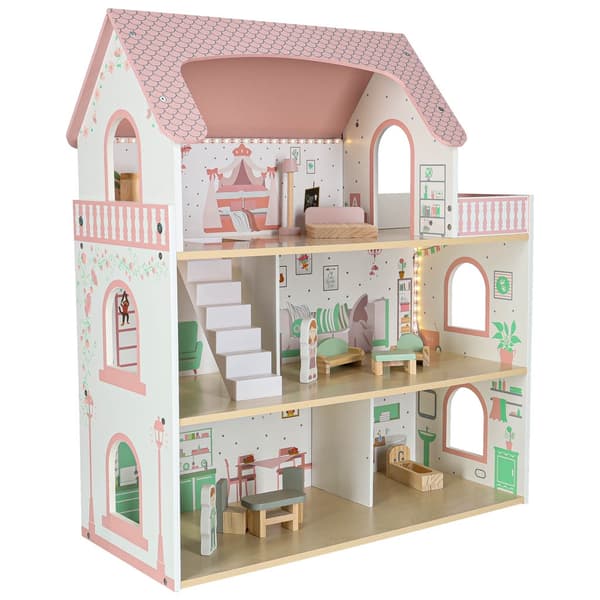 Trädockhus 70 cm med LED-lampor, balkong, rosa