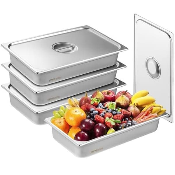 4-pack ångkokare i rostfritt stål i full storlek, 10 cm djupa, med lock