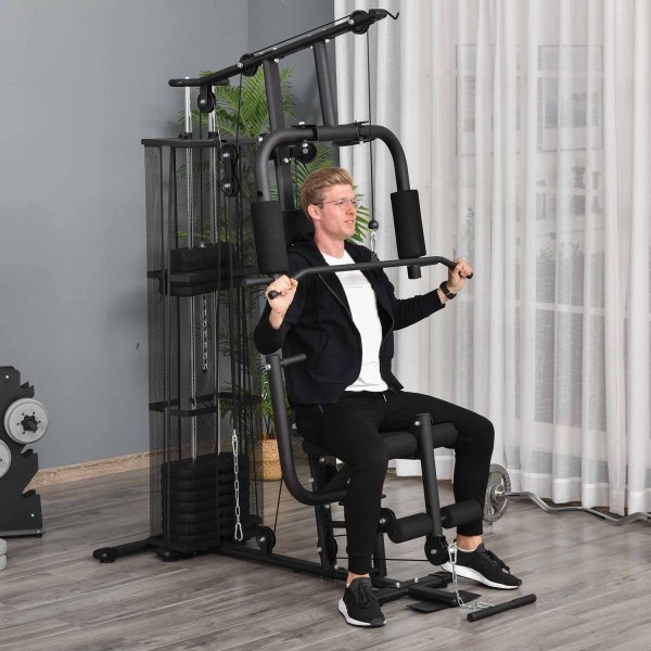 Gym Multigym Fitnessstation Multigym Med Vikter, Lat Pull-Down & Leg Curl, Metall & Pu Syntetiskt Läder, Svart