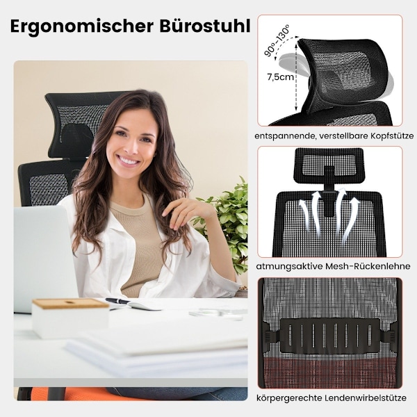 Ergonomisk kontorsstol med ryggstöd & svankstöd & bekvämt 3D nackstöd upp till 180 kg