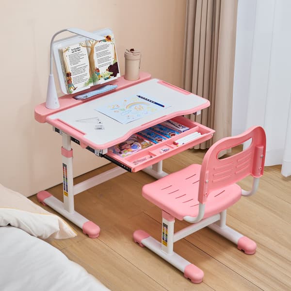 Barnskrivbord och stolsset, höjdjusterbart, lutningsbart bord, rosa