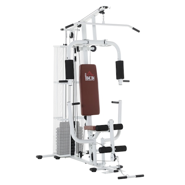 Träningsstation för hemmet, totalt 45 kg, med pressarm, benframkallare, rullkuddar, PU-syntetläder, 150 x 110 x 210 cm, vit