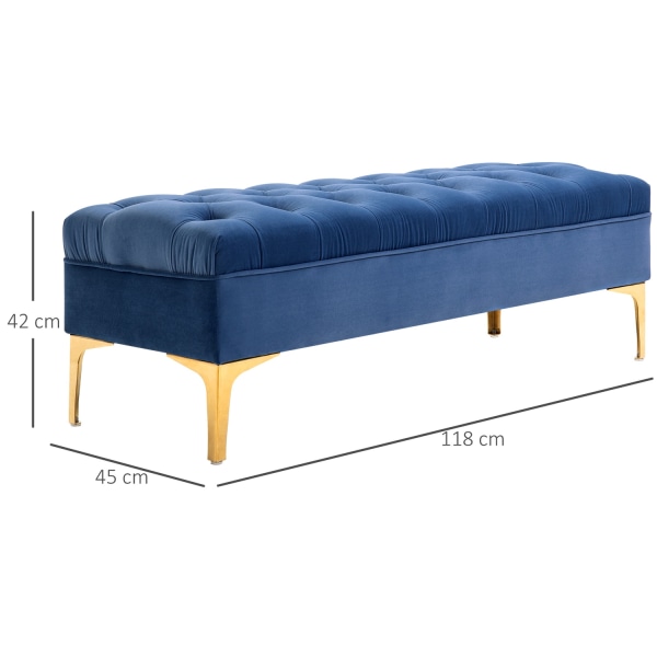 Bænk, Sengebænk, Skobænk Med Hævede Ben, Soveværelse, Fløjlsblå 118 X 45 X 42 Cm