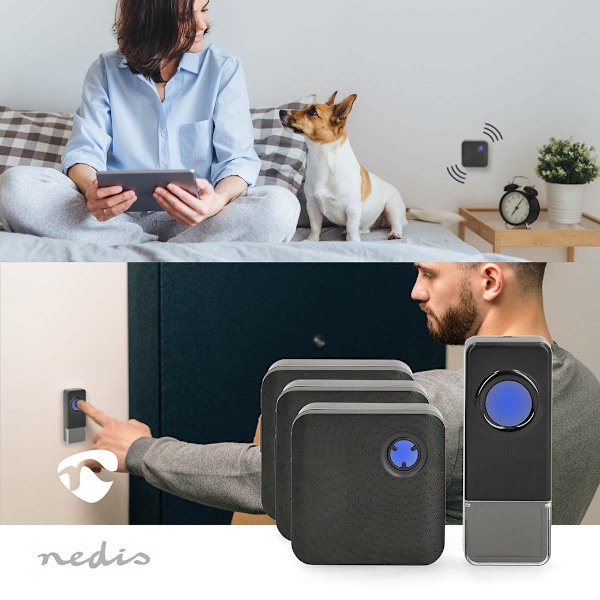 Trådlös dörrklocka | Nätdriven | 100 - 240 V AC 50/60 Hz | 1x 23A 12V | Volym: 110 dB | Signalräckvidd: 150 m | IP55 | Justerbar volym | 58 Melodier |
