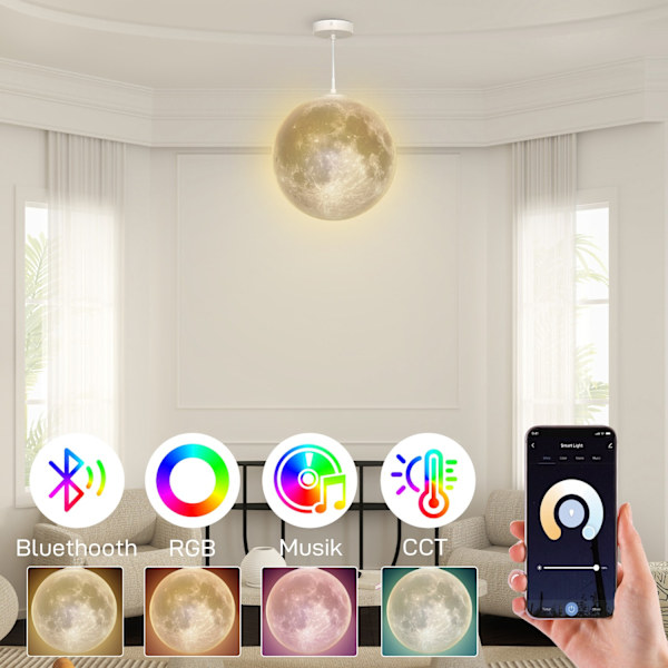 3D Moon Pendant Light -riippuva valaisin APP-ohjauksella, musiikki Kuulamppu kattolamppu CCT- ja RGB-värinvaihtajalla keittiöön, ruokasaliin, kermanva