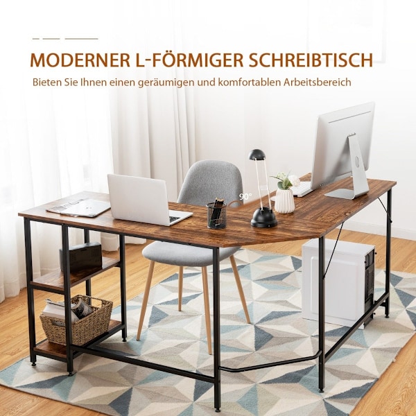 L-format skrivbord hemmakontor med 2 hyllplan 138 x 138 x 75,5 cm kaffebrun + svart