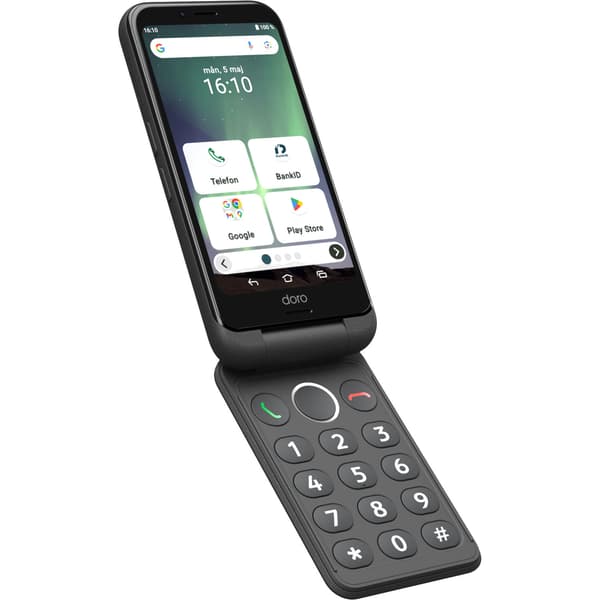 Vikbar 4G-smartphone med bakgrundsbelyst knappsats, grå