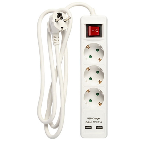 Pistorasia 3-suuntainen liitin, jossa 2x USB, 1,5 m