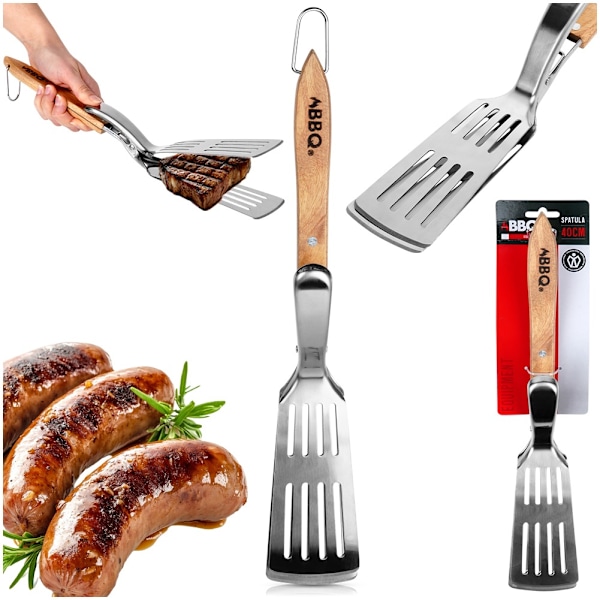 Grillspatel og tang 2i1 stål 40 cm