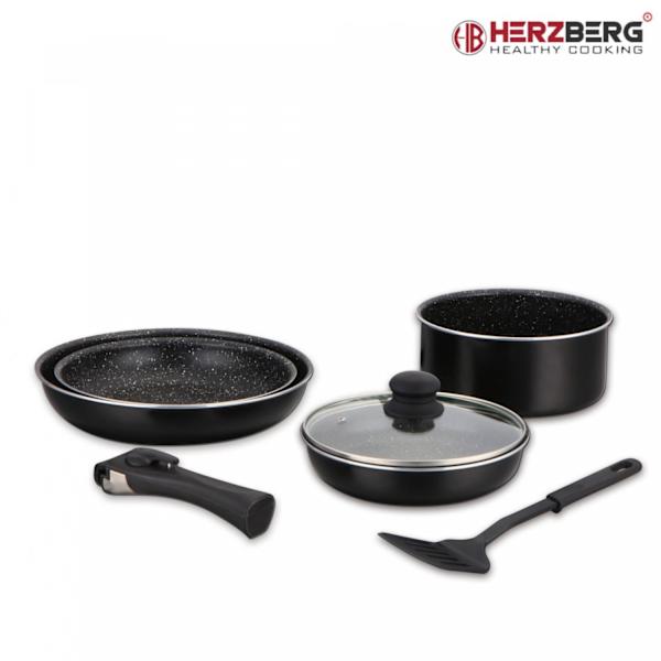 Herzberg HG-8090-7BK: 7-osainen marmoripäällysteinen keittoastiasarja