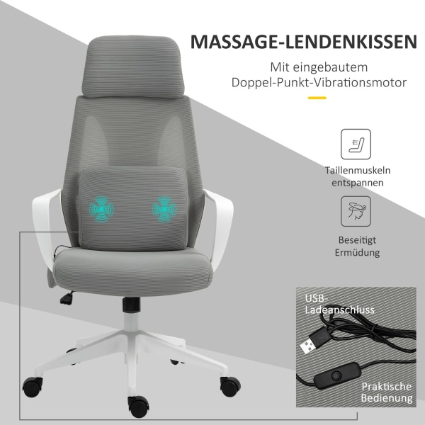 Gaming Stol, Kontorstol Med Massagefunktion, Drejestol, Ergonomisk, Nylon, Grå, 62X60X114-122Cm