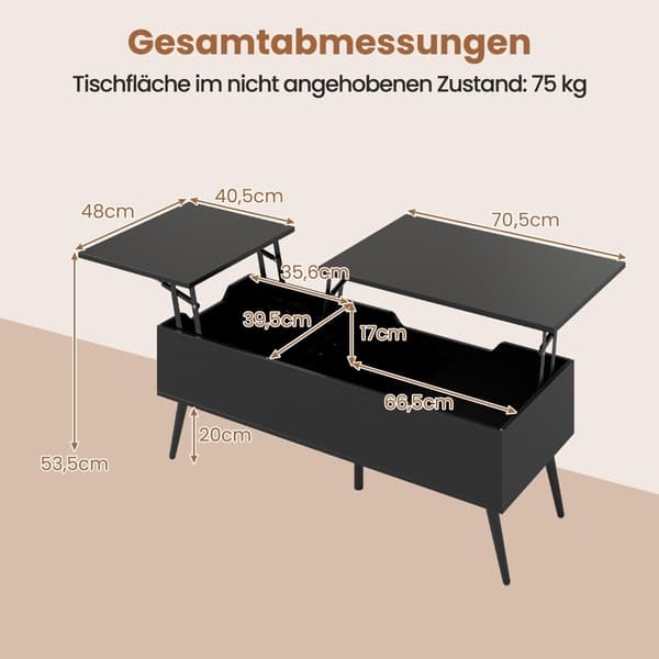 Justerbart Lift-Top sofabord med skjult opbevaring, sort