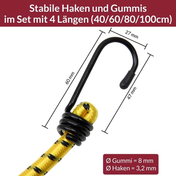 Elastiske elastiksnore, 8 stk., 40-100 cm, 8 mm diameter