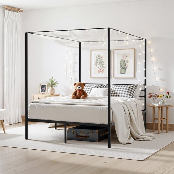 Queensize metalhimmelseng med 4 stolper, opbevaring under sengen
