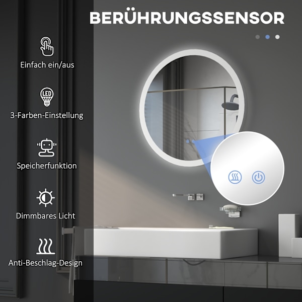 Badrumsspegel med belysning 60 cm, väggspegel IP44 med 3 ljusfärger, touch-omkopplare, minnesfunktion & anti-dim