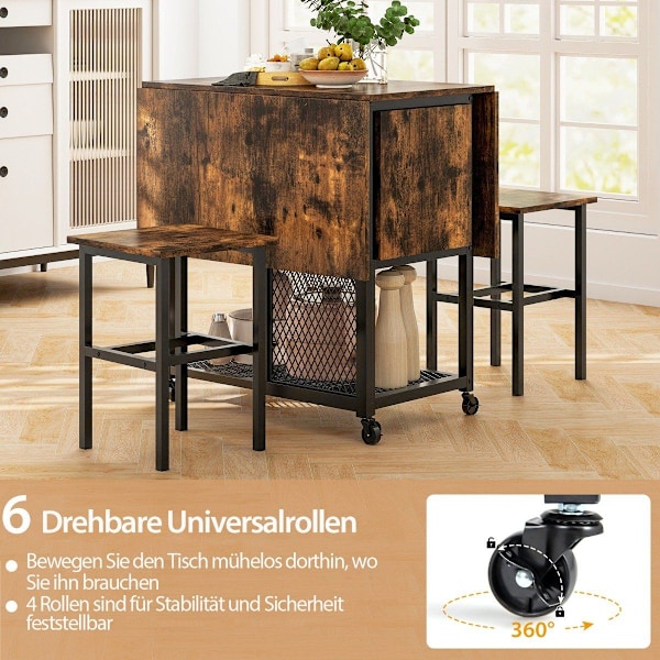 3 stycken Fällbart matbordsset Utdragbart matbord med 2 pallar och 2 näthyllor