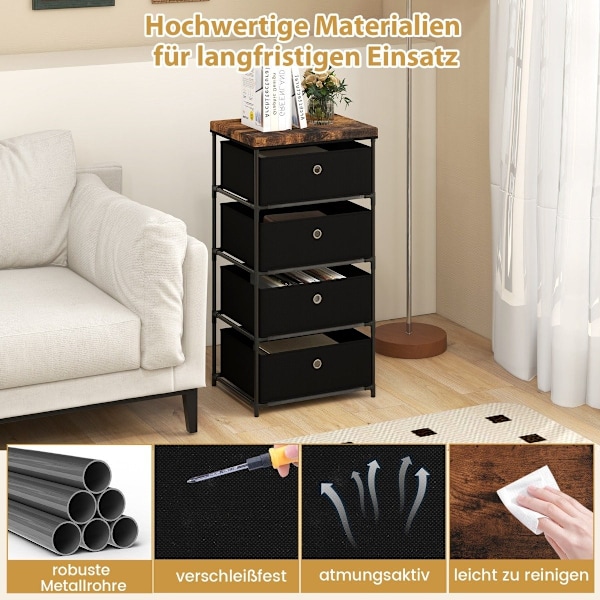 Sengebord med stofskuffer & metalstel sidebord opbevaringsskab sort