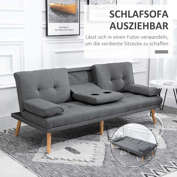 Vuodesohva 3-Istuttava Vuodesohva Kokoontaitetulla Pöydällä, Mukiteline, Scandi Design, Tummanharmaa, 250Kg Asti