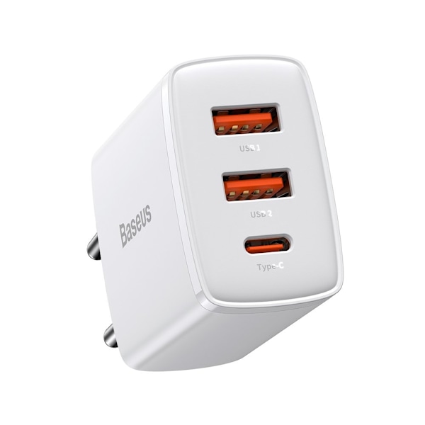 Kompakt hurtig vægoplader 2x USB USB-C 30W 3A PD QC hvid