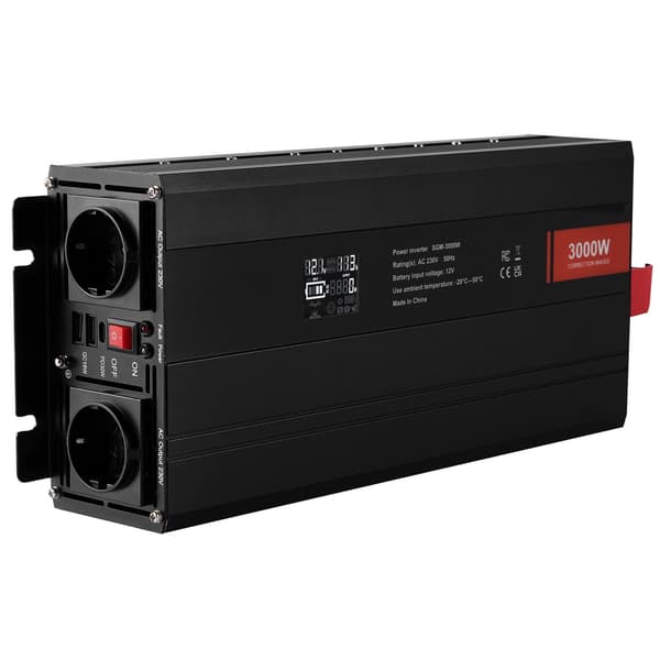 3000W strømomformer 12V til 230V, LCD, USB-C