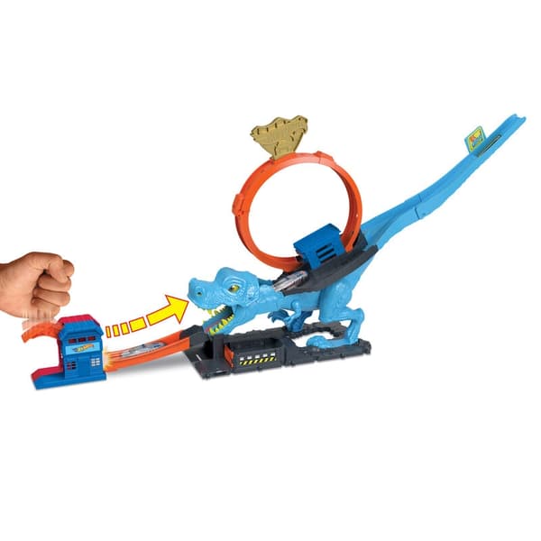 T-Rex Chomp Down -leikkisetti Hot Wheels -autoilla ja -radalla
