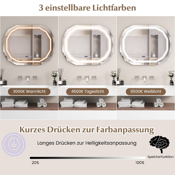 Anti-dim badrumsspegel med 3-färgs LED-ljus & minnesfunktion & tid & temperaturavläsning