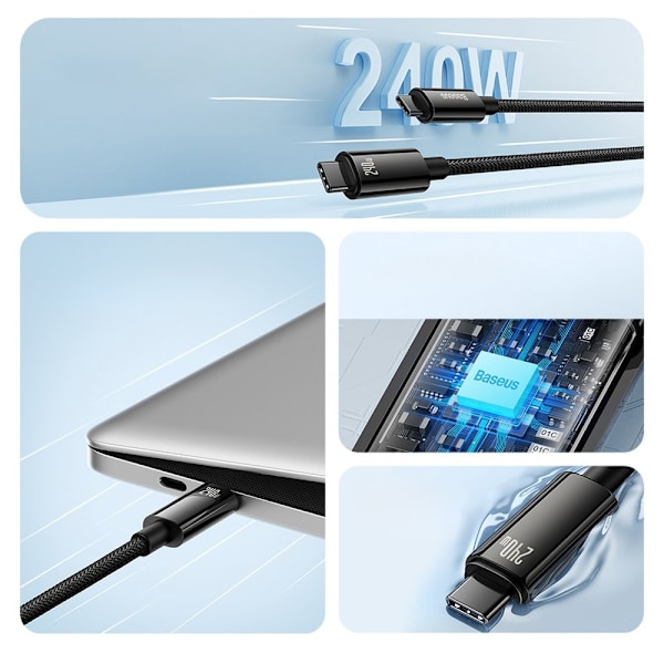 Flettet USB-C kabel 480Mb/s 240W Tungsten Guld 3m sort