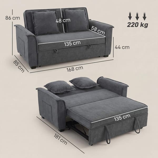Futonbäddsoffa, justerbart ryggstöd, 2-sits, mörkgrå, 2 kuddar