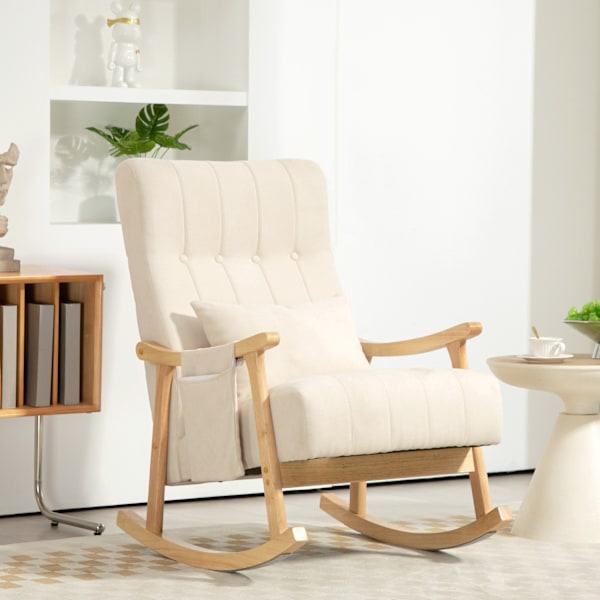 Gyngestol polstret gyngestol med lændepude sidelomme afslapningsstol træramme linned look til stue soveværelse beige