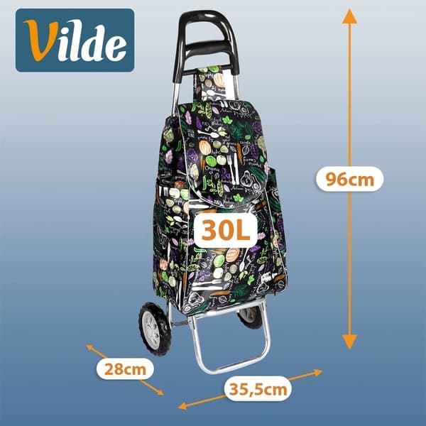 Indkøbsvogn, sort, 30L, grøntsagsmønster