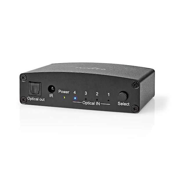 Digital Audio Switch | 4-vejs | Tilslutninger indgang: DC strøm / 4x TosLink | Tilslutninger udgang: TosLink Hun | Fjernbetjening / Manual / Trykknap