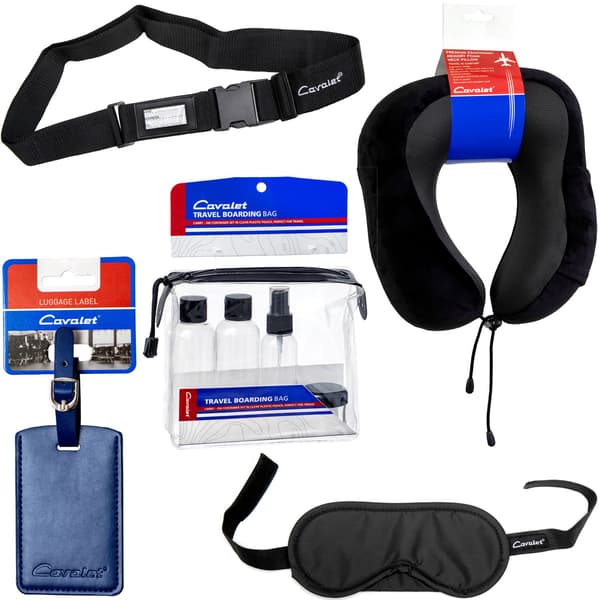 Resepaket med nackkudde, flaskor, bagagelapp, rem, mask