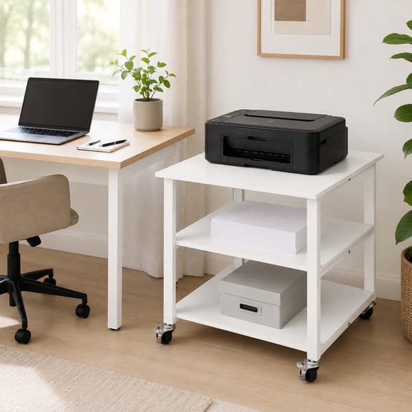Hvid printerstativ med hjul – 3-lags, under skrivebord