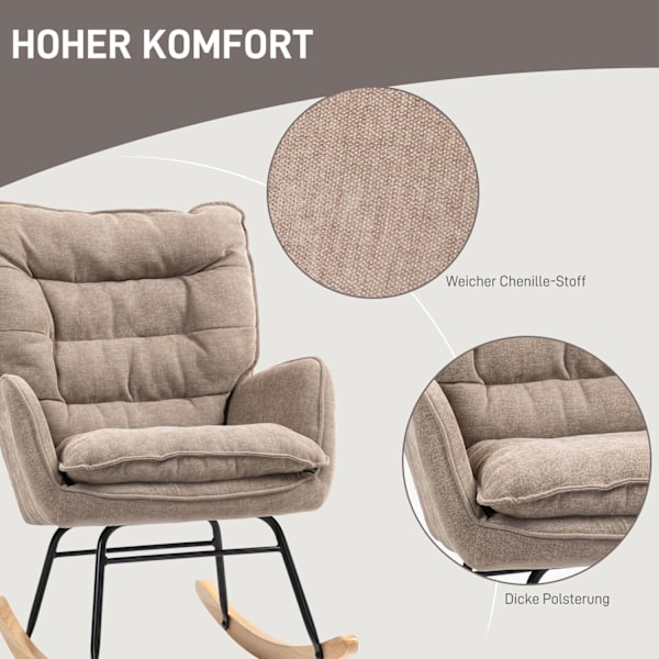 Gyngestol, lænestol, ammestol med chenille-look, gyngestol op til 120 kg bæreevne til soveværelse, stue, brun