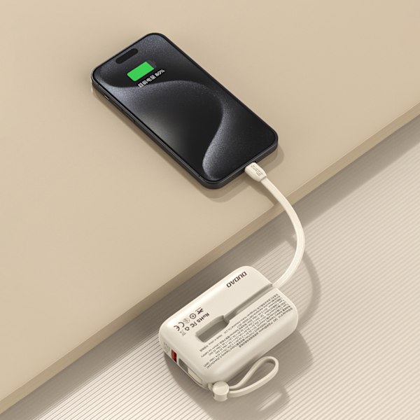 Powerbank 10000mAh med USB-C / iPhone Lightning-kablar, beige